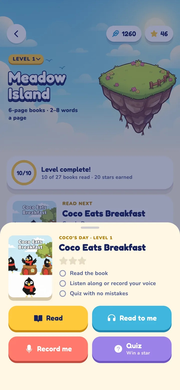 Book sheet in Class Readers with Read, Read to me, Record me and Quiz buttons