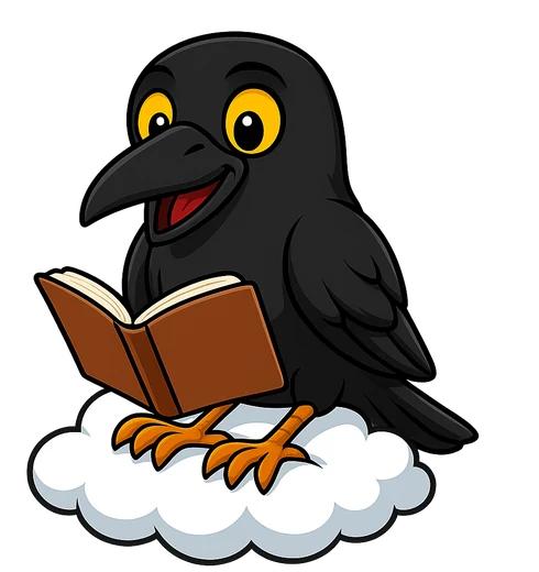 Coco the crow, the Class Readers mascot, reading a book on a cloud