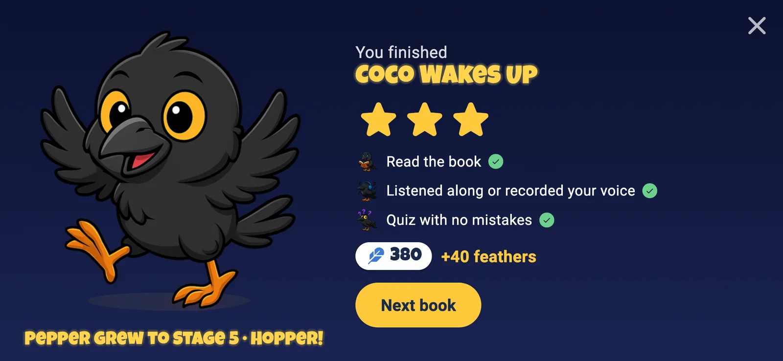 Book finished celebration in Class Readers with three stars, feathers earned and the crow growing to a new stage