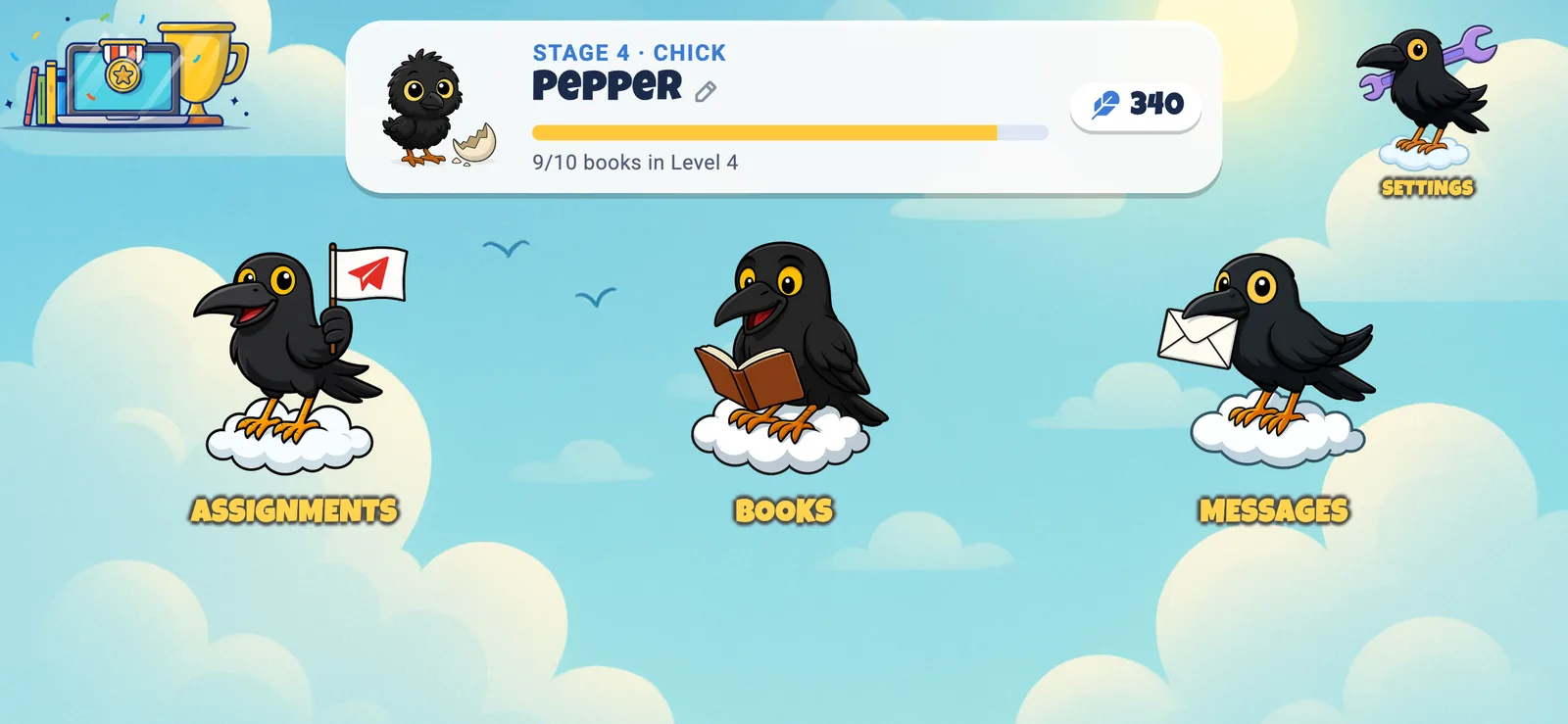 Class Readers home screen with the child's own crow, its stage, a progress bar and a feather count