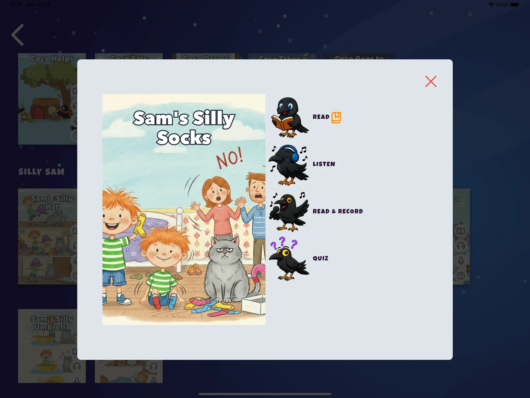 A book page in Class Readers showing the four activities: Read, Listen, Read & Record and Quiz