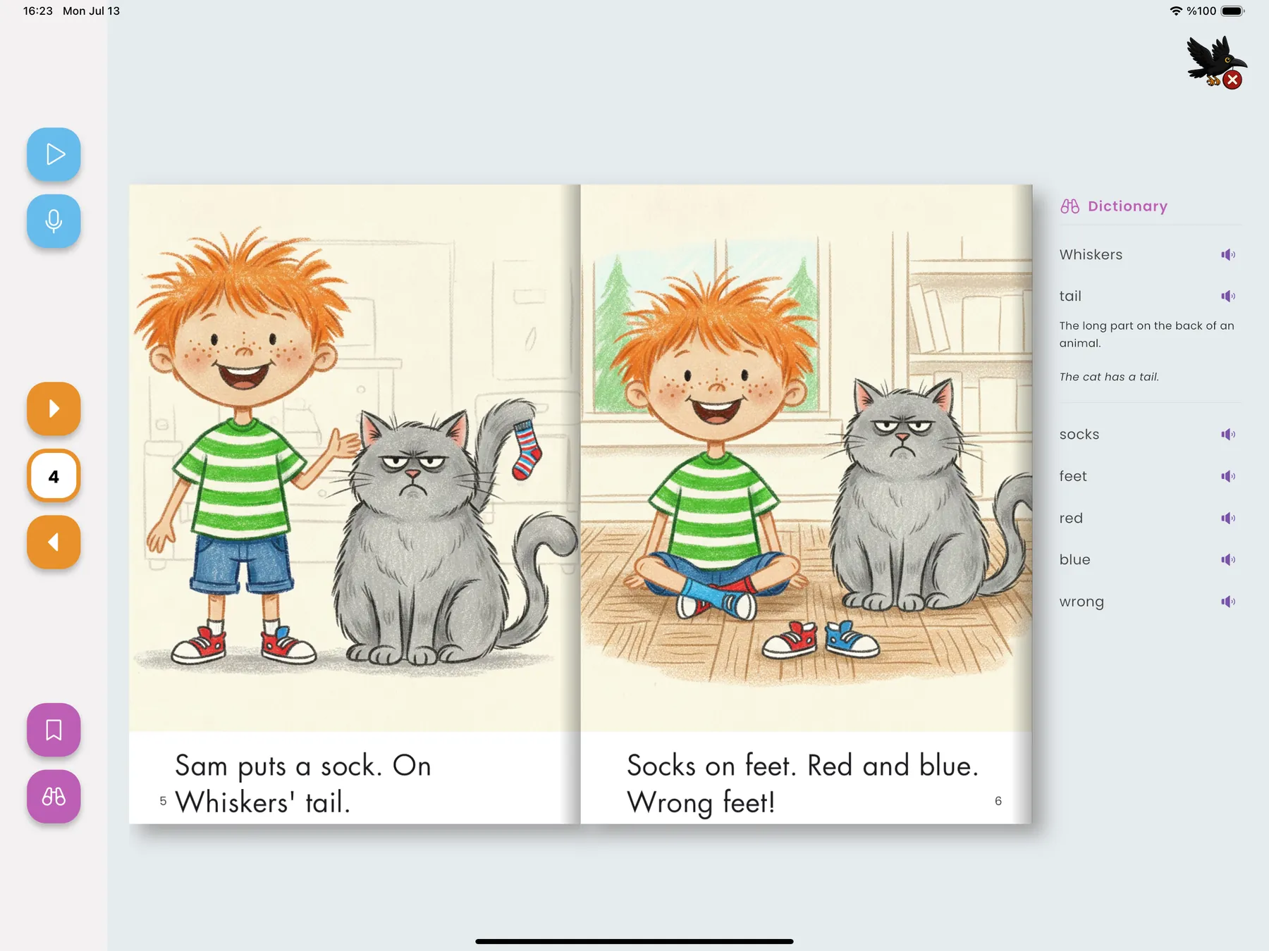 Class Readers on iPad: a two-page illustrated storybook with read-along highlighting and the picture dictionary open