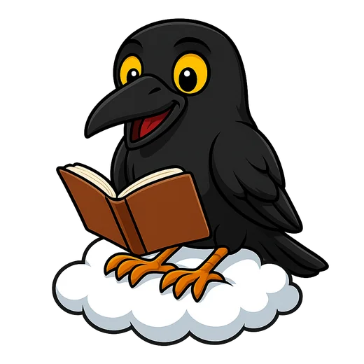 Coco the crow reading a book on a cloud